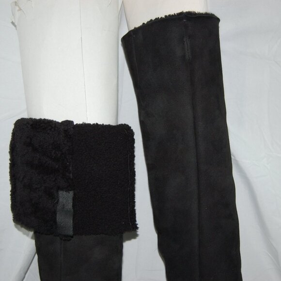 39.5/9.5❤️PRADA Black Slouch Shearling Suede Leather Over Knee High Heels Boots - Picture 5 of 13